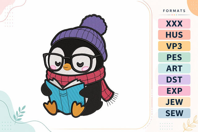 Cute Penguin Reading Book Embroidery Design - Kawaii Penguin Embroidery/Applique DESIGNS sg embroidery 