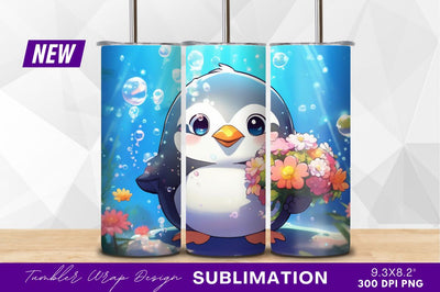 Cute penguin with flowers in blue water Sublimation Regulrcrative 