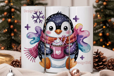 Cute Penguin with Hot Cocoa Tumbler Wrap Sublimation DesignSVG 