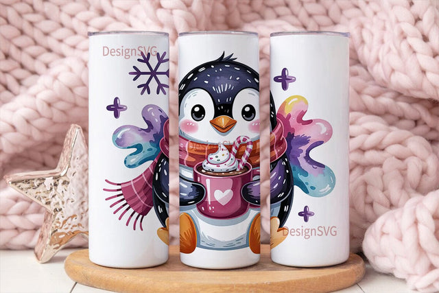 Cute Penguin with Hot Cocoa Tumbler Wrap Sublimation DesignSVG 