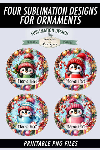 Cute Penguins In Mugs Ornament Design PNG Files | Add Your Own Name Sublimation Ewe-N-Me Designs 