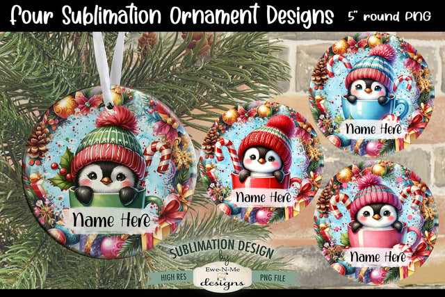 Cute Penguins In Mugs Ornament Design PNG Files | Add Your Own Name Sublimation Ewe-N-Me Designs 