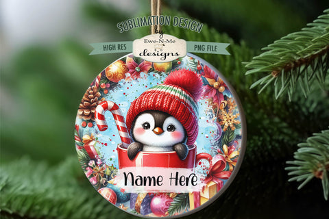 Cute Penguins In Mugs Ornament Design PNG Files | Add Your Own Name Sublimation Ewe-N-Me Designs 