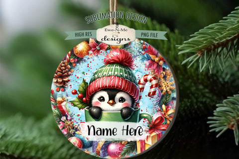 Cute Penguins In Mugs Ornament Design PNG Files | Add Your Own Name Sublimation Ewe-N-Me Designs 