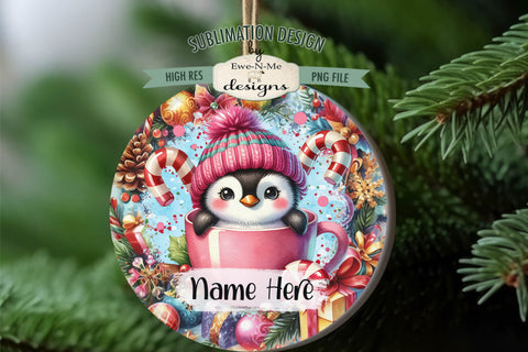 Cute Penguins In Mugs Ornament Design PNG Files | Add Your Own Name Sublimation Ewe-N-Me Designs 