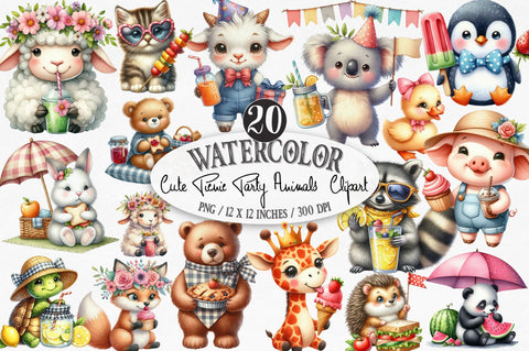 Cute Picnic Party Watercolor Animals Sublimation SVGista 