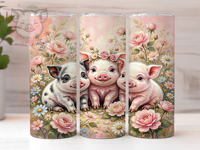 Cute Pig Floral Farm 20oz Tumbler, Baby Pigs, Pig Flowers, Farm Animal, Adorable Design, 20oz Tumbler Wrap, Sublimation PNG Sublimation Lara' s Designs 