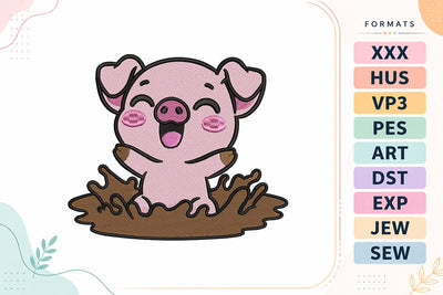 Cute Pig in Mud Embroidery Design - Kawaii Farm Pig Embroidery/Applique DESIGNS sg embroidery 