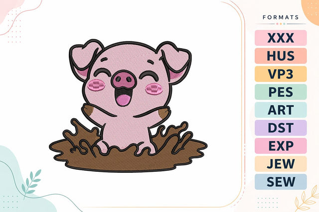 Cute Pig in Mud Embroidery Design - Kawaii Farm Pig Embroidery/Applique DESIGNS sg embroidery 