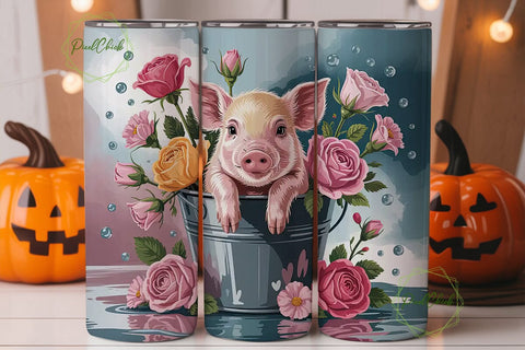 Cute Piglet in Bucket Tumbler Wrap Sublimation PixelChick 