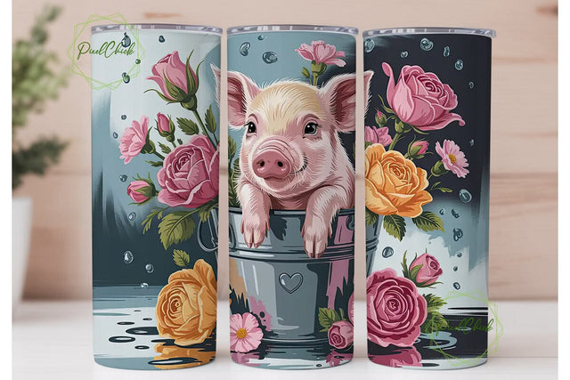 Cute Piglet in Bucket Tumbler Wrap Sublimation PixelChick 