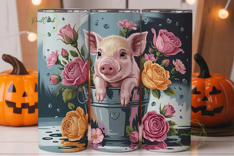 Cute Piglet in Bucket Tumbler Wrap Sublimation PixelChick 