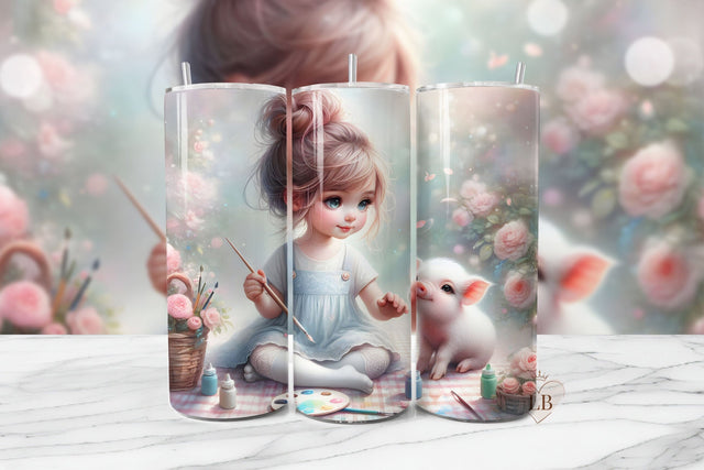 Cute Piglet Sublimation PNG | Girl Painting with Farm Animal Tumbler Wrap Sublimation BijouBay 