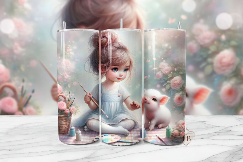Cute Piglet Sublimation PNG | Girl Painting with Farm Animal Tumbler Wrap Sublimation BijouBay 