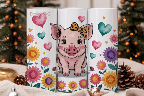 Cute Piglet & Sunflowers 20oz Tumbler Sublimation DesignSVG 