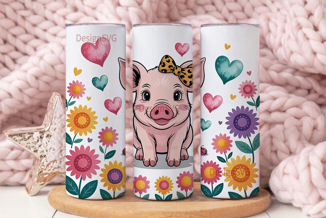 Cute Piglet & Sunflowers 20oz Tumbler Sublimation DesignSVG 