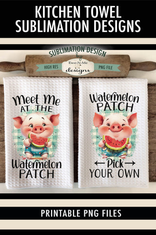 Cute Pigs Watermelon Patch Sublimation Kitchen Towel PNG - Pigs Eating Watermelon Sublimation Ewe-N-Me Designs 