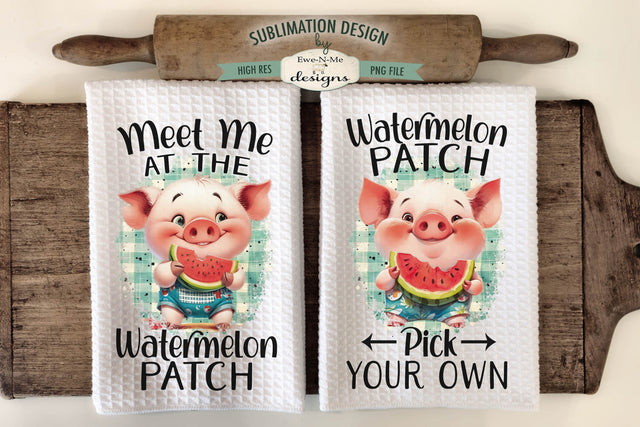 Cute Pigs Watermelon Patch Sublimation Kitchen Towel PNG - Pigs Eating Watermelon Sublimation Ewe-N-Me Designs 