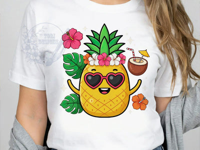 Cute Pineapple Bloom T-Shirt PNG, Yellow Texture, Leafy Crown, Hibiscus Blossoms, Tropical Character, Skinny Tumbler, Sublimation PNG Sublimation ToriDesigns 