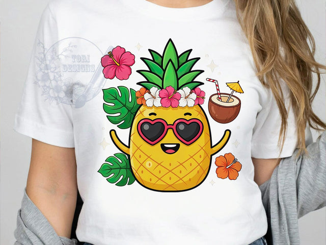 Cute Pineapple Bloom T-Shirt PNG, Yellow Texture, Leafy Crown, Hibiscus Blossoms, Tropical Character, Skinny Tumbler, Sublimation PNG Sublimation ToriDesigns 