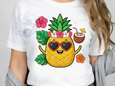 Cute Pineapple Bloom T-Shirt PNG, Yellow Texture, Leafy Crown, Hibiscus Blossoms, Tropical Character, Skinny Tumbler, Sublimation PNG Sublimation ToriDesigns 