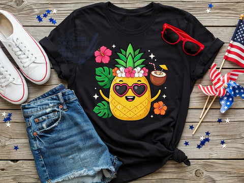 Cute Pineapple Bloom T-Shirt PNG, Yellow Texture, Leafy Crown, Hibiscus Blossoms, Tropical Character, Skinny Tumbler, Sublimation PNG Sublimation ToriDesigns 
