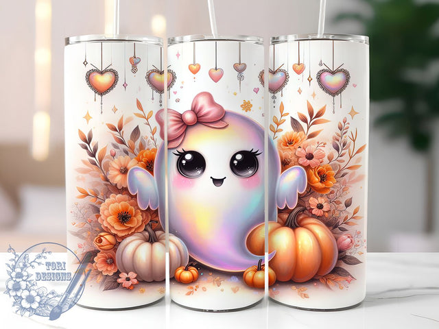 Cute Pink Bow Ghost Tumbler Wrap, Pink Bow Wrap, Pastel Pumpkin Cup, Floral Halloween Design, 20Oz Sublimation Wrap, Kawaii Ghost Drinkware, Pastel Spooky Tumbler Sublimation ToriDesigns 