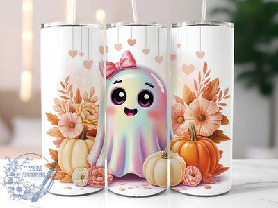 Cute Pink Bow Ghost Tumbler Wrap, Pink Bow Wrap, Pastel Pumpkin Cup, Floral Halloween Design, 20Oz Sublimation Wrap, Kawaii Ghost Drinkware, Pastel Spooky Tumbler Sublimation ToriDesigns 