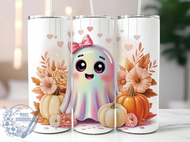 Cute Pink Bow Ghost Tumbler Wrap, Pink Bow Wrap, Pastel Pumpkin Cup, Floral Halloween Design, 20Oz Sublimation Wrap, Kawaii Ghost Drinkware, Pastel Spooky Tumbler Sublimation ToriDesigns 