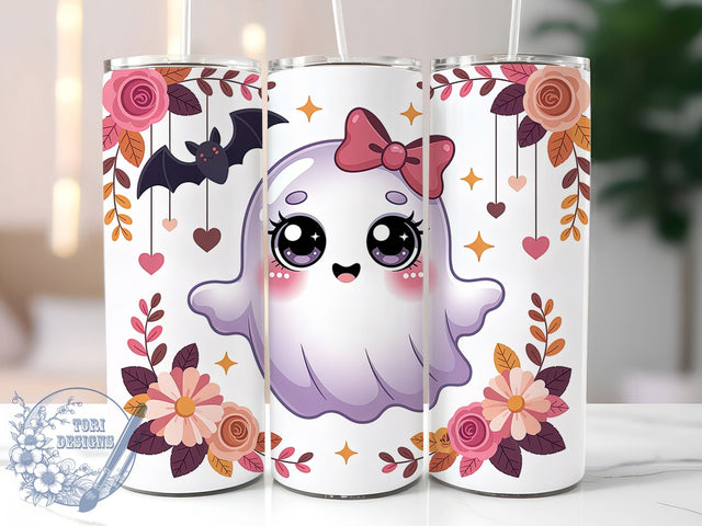 Cute Pink Bow Ghost Tumbler Wrap, Pink Bow Wrap, Pastel Pumpkin Cup, Floral Halloween Design, 20Oz Sublimation Wrap, Kawaii Ghost Drinkware, Pastel Spooky Tumbler Sublimation ToriDesigns 