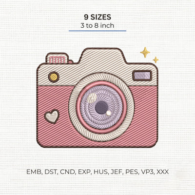 Cute Pink Camera Embroidery Design – Retro Photography Camera Machine Embroidery File, 9 Sizes Embroidery/Applique DESIGNS PatternFeed8 