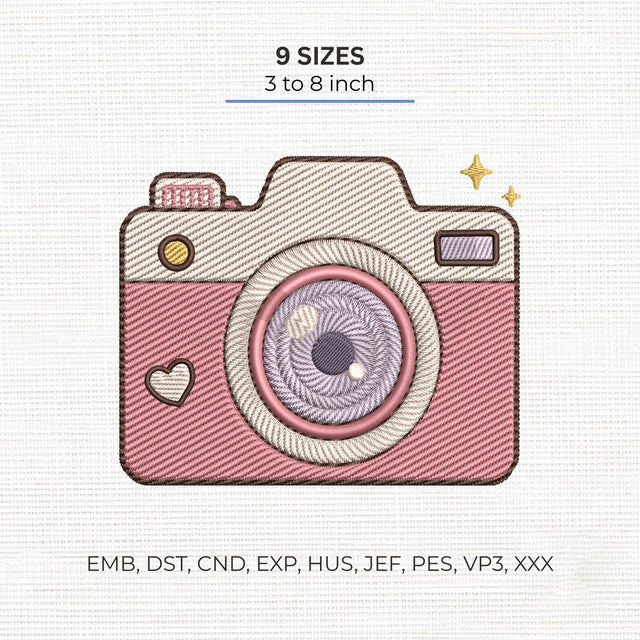 Cute Pink Camera Embroidery Design – Retro Photography Camera Machine Embroidery File, 9 Sizes Embroidery/Applique DESIGNS PatternFeed8 