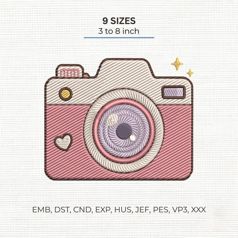 Cute Pink Camera Embroidery Design – Retro Photography Camera Machine Embroidery File, 9 Sizes Embroidery/Applique DESIGNS PatternFeed8 