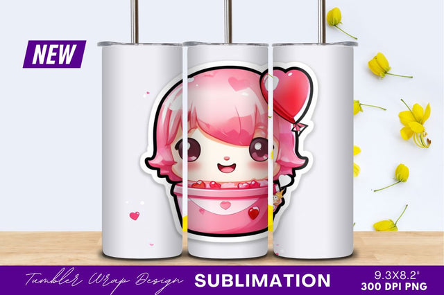 Cute pink cartoon girl with heart balloon Sublimation Regulrcrative 