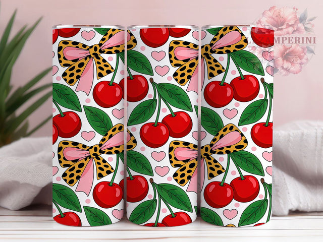 Cute Pink Cherry Bow Tumbler, Pink Bow Pattern, Valentine Ribbon Design, 20Oz Sublimation Wrap, Cute Bow Art, Romantic Bow Texture, Tumbler Sublimation Sublimation Li Zamperini 