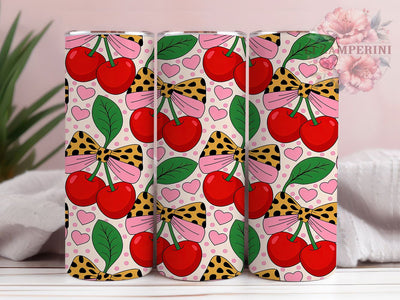 Cute Pink Cherry Bow Tumbler, Pink Bow Pattern, Valentine Ribbon Design, 20Oz Sublimation Wrap, Cute Bow Art, Romantic Bow Texture, Tumbler Sublimation Sublimation Li Zamperini 