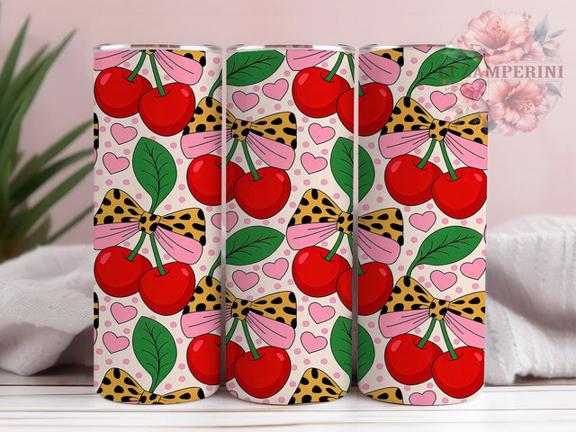 Cute Pink Cherry Bow Tumbler, Pink Bow Pattern, Valentine Ribbon Design, 20Oz Sublimation Wrap, Cute Bow Art, Romantic Bow Texture, Tumbler Sublimation Sublimation Li Zamperini 