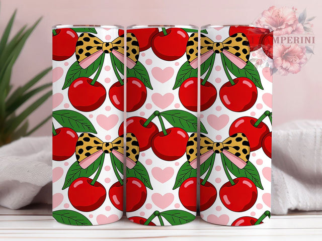 Cute Pink Cherry Bow Tumbler, Pink Bow Pattern, Valentine Ribbon Design, 20Oz Sublimation Wrap, Cute Bow Art, Romantic Bow Texture, Tumbler Sublimation Sublimation Li Zamperini 