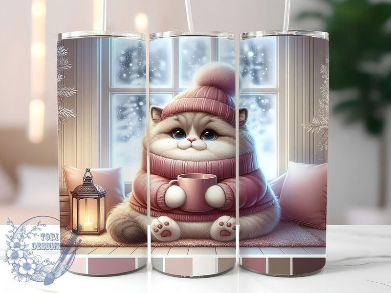 Cute Pink Christmas Cat Tumbler, Winter Pink Cat Wrap, Festive Cat Sublimation Design, Cute Holiday Cup, 20Oz Skinny Tumbler Wrap, Adorable Christmas Mug, Whimsical Winter Cat Design Sublimation ToriDesigns 