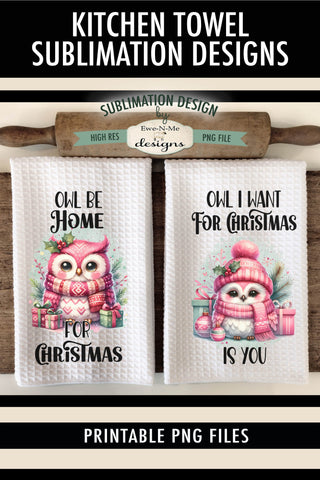 Cute Pink Christmas Owls Kitchen Towel Sublimation Designs Sublimation Ewe-N-Me Designs 