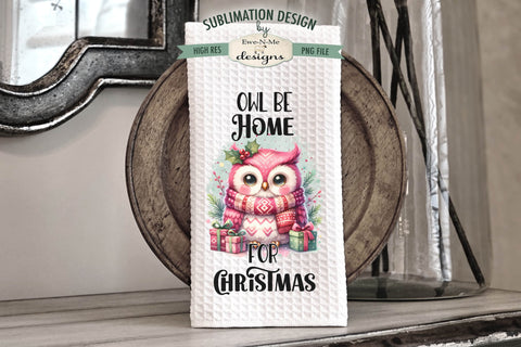 Cute Pink Christmas Owls Kitchen Towel Sublimation Designs Sublimation Ewe-N-Me Designs 