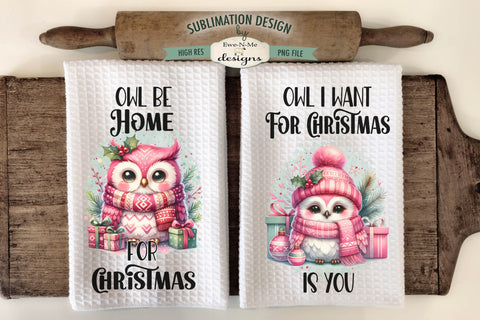 Cute Pink Christmas Owls Kitchen Towel Sublimation Designs Sublimation Ewe-N-Me Designs 