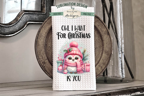 Cute Pink Christmas Owls Kitchen Towel Sublimation Designs Sublimation Ewe-N-Me Designs 