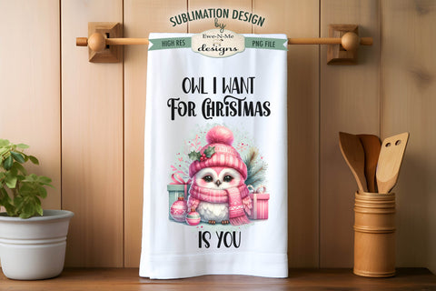 Cute Pink Christmas Owls Kitchen Towel Sublimation Designs Sublimation Ewe-N-Me Designs 