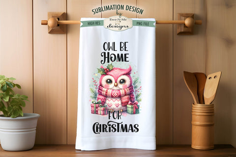 Cute Pink Christmas Owls Kitchen Towel Sublimation Designs Sublimation Ewe-N-Me Designs 
