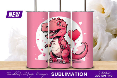 Cute Pink Dinosaur With Heart Balloon Tumbler Png Sublimation Regulrcrative 