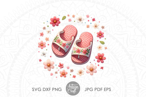 Cute pink flip flops with flowers | Nursery Art | Floral art Sublimation Artisan Craft SVG 
