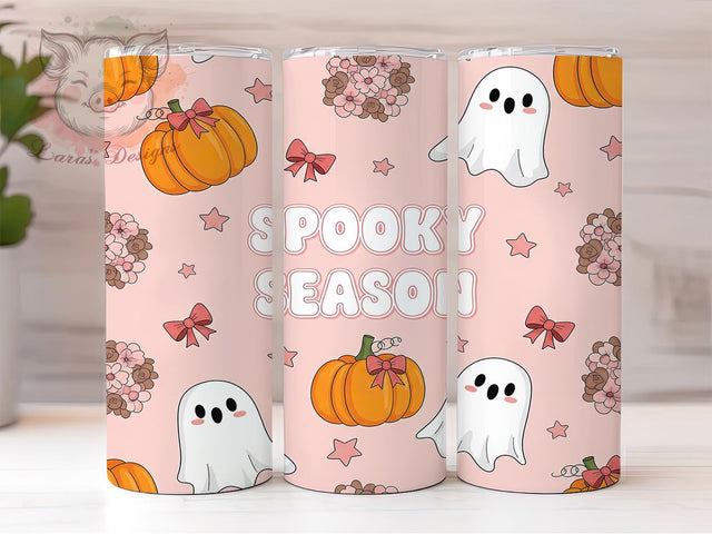 Cute Pink Floral Spooky Ghost Tumbler, Spooky Season Wrap, Halloween Floral Cup, 20Oz Sublimation Design, Cute Ghost Drinkware, Fall Halloween Mug, Kawaii Floral Ghost Tumbler Sublimation Lara' s Designs 