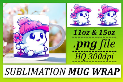 Cute Pink Ghost Halloween Mug Wrap for Sublimation 11oz 15oz Sublimation afrosvg 