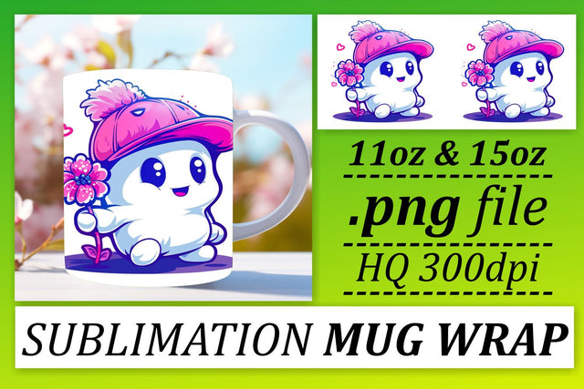 Cute Pink Ghost Halloween Mug Wrap for Sublimation 11oz 15oz Sublimation afrosvg 